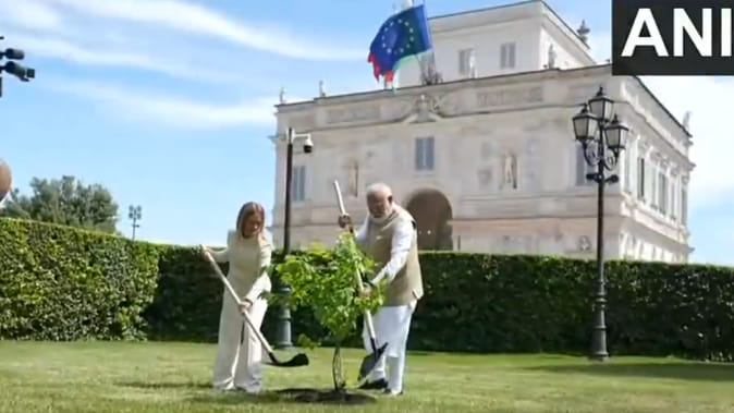 Prime Minister Narendra Modi with Italian counterpart Giorgia Meloni planted sapling in Rome