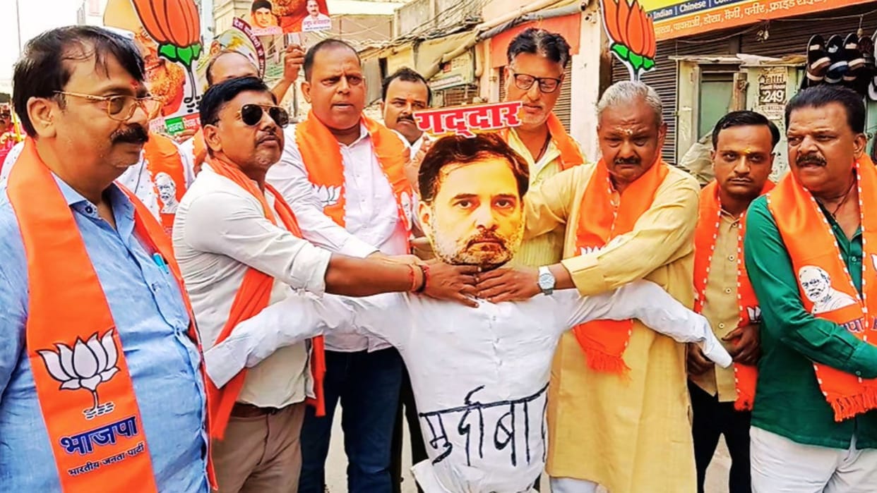 Rahul Gandhi Effigy Burnt BJP Labels Congress Leader China Ally and Traitor Chants Anti-Slogans