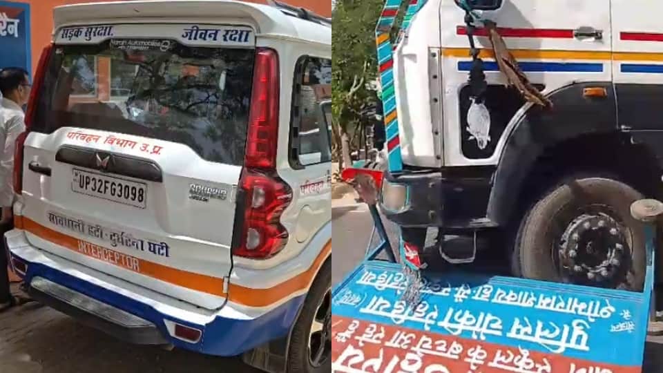 Overloaded Dumper Driver Attempts to Run Over Police and ARTO Team in badaun