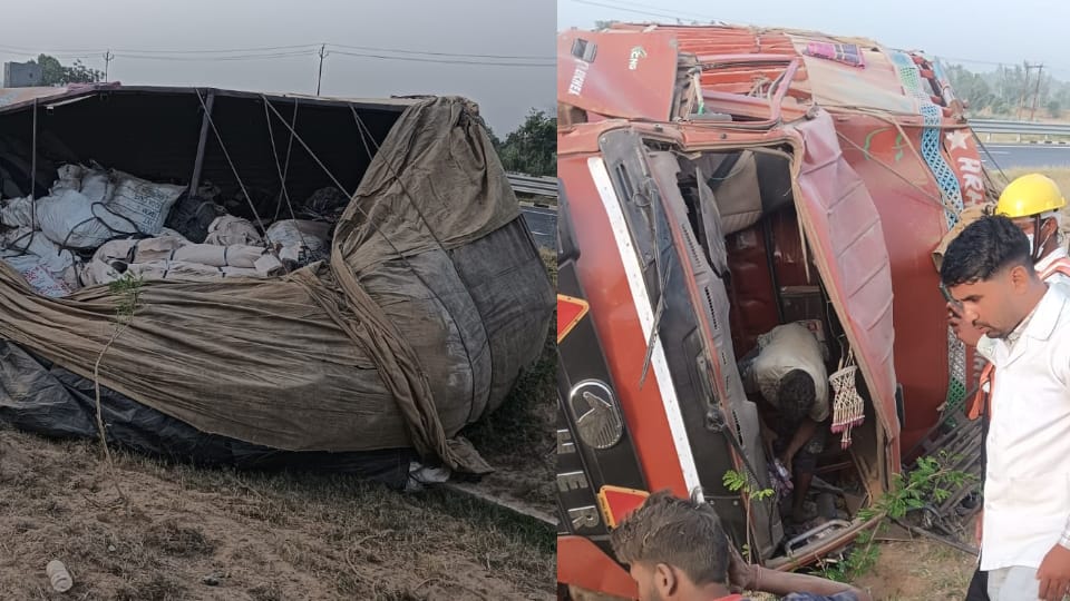 Canter loaded with clothes overturns on Ganga Expressway in Hapur