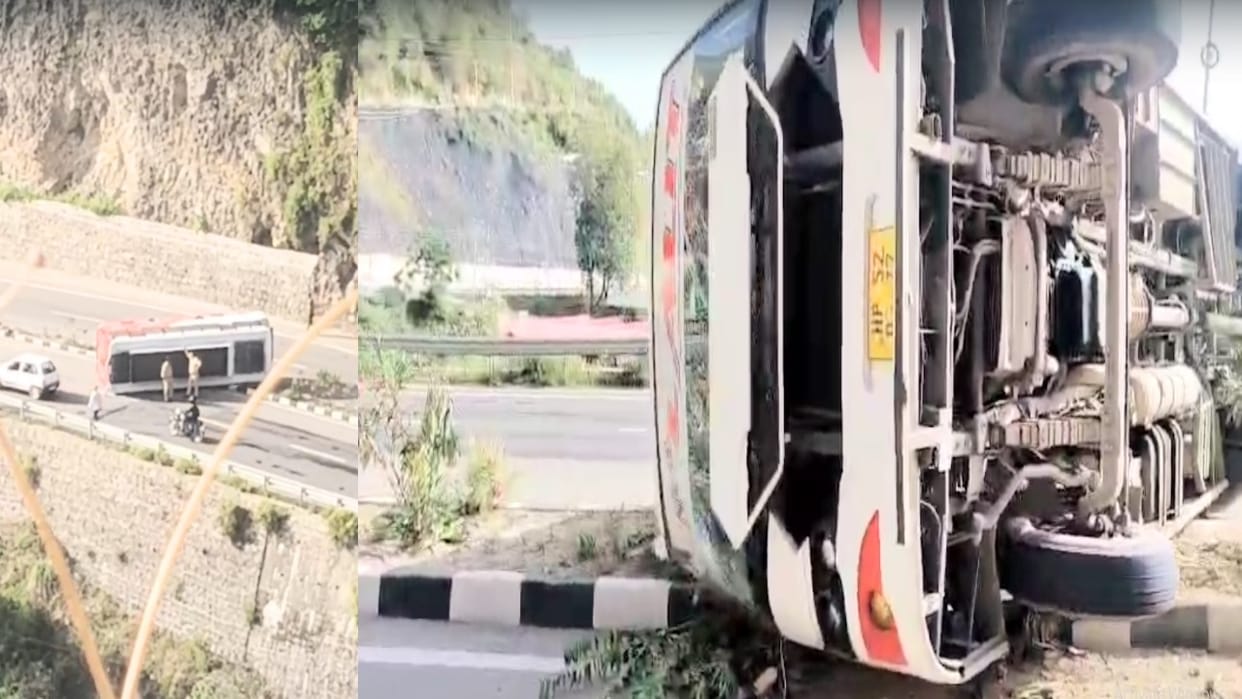 Private Bus Overturns on Four-Lane Highway Near Salogra; Two Passengers Injured — Watch Video