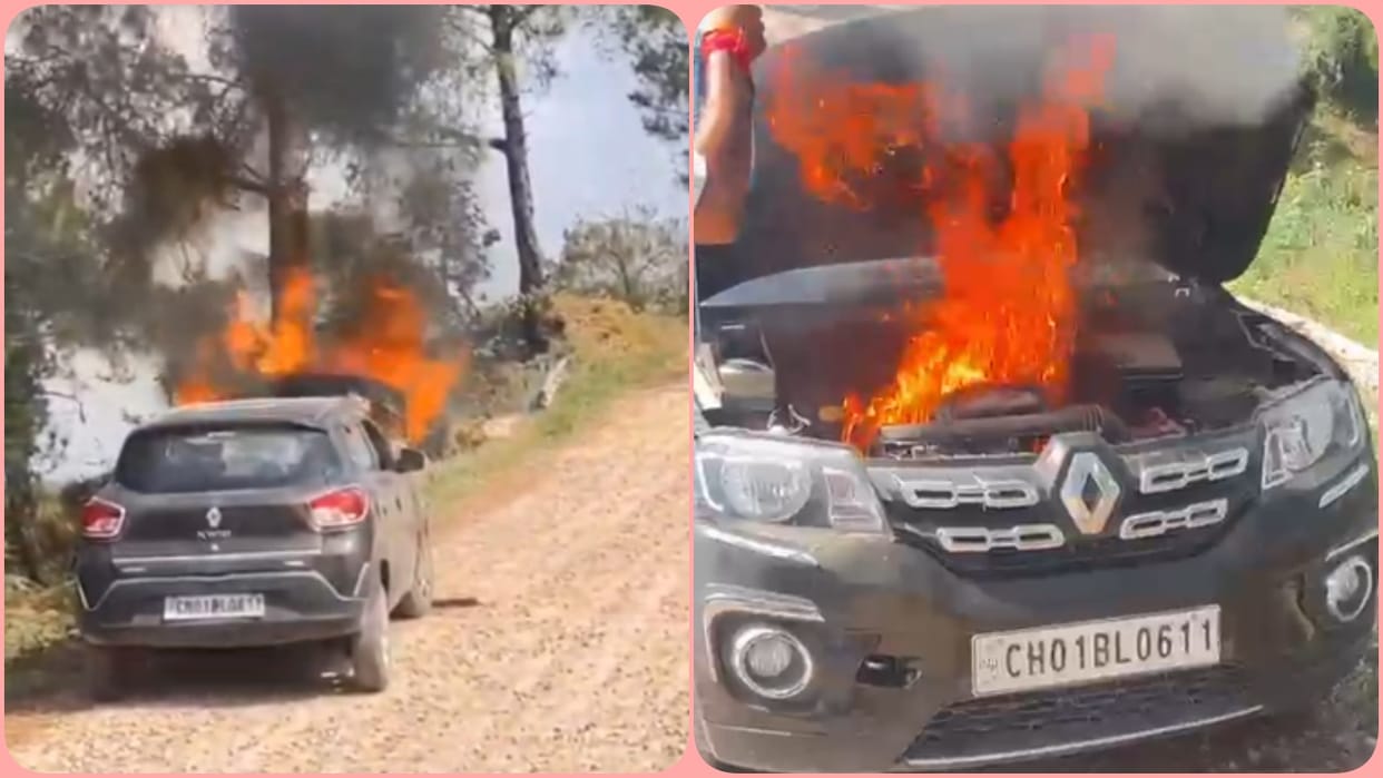 A moving car caught fire near Makkad Bazaar
