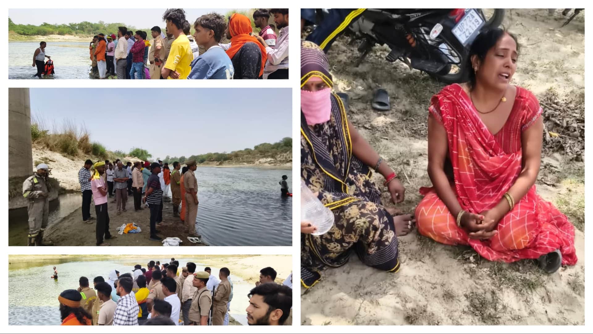 युवक के सई नदी में डूबने के बाद मौके पर जुटी भीड़ और रोते बिलखते परिजन।