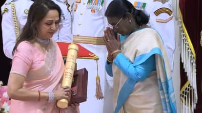 Padma awards 2026: President Droupadi Murmu presenting Padma Awards to Dharmendra Hema malini R Madhavan