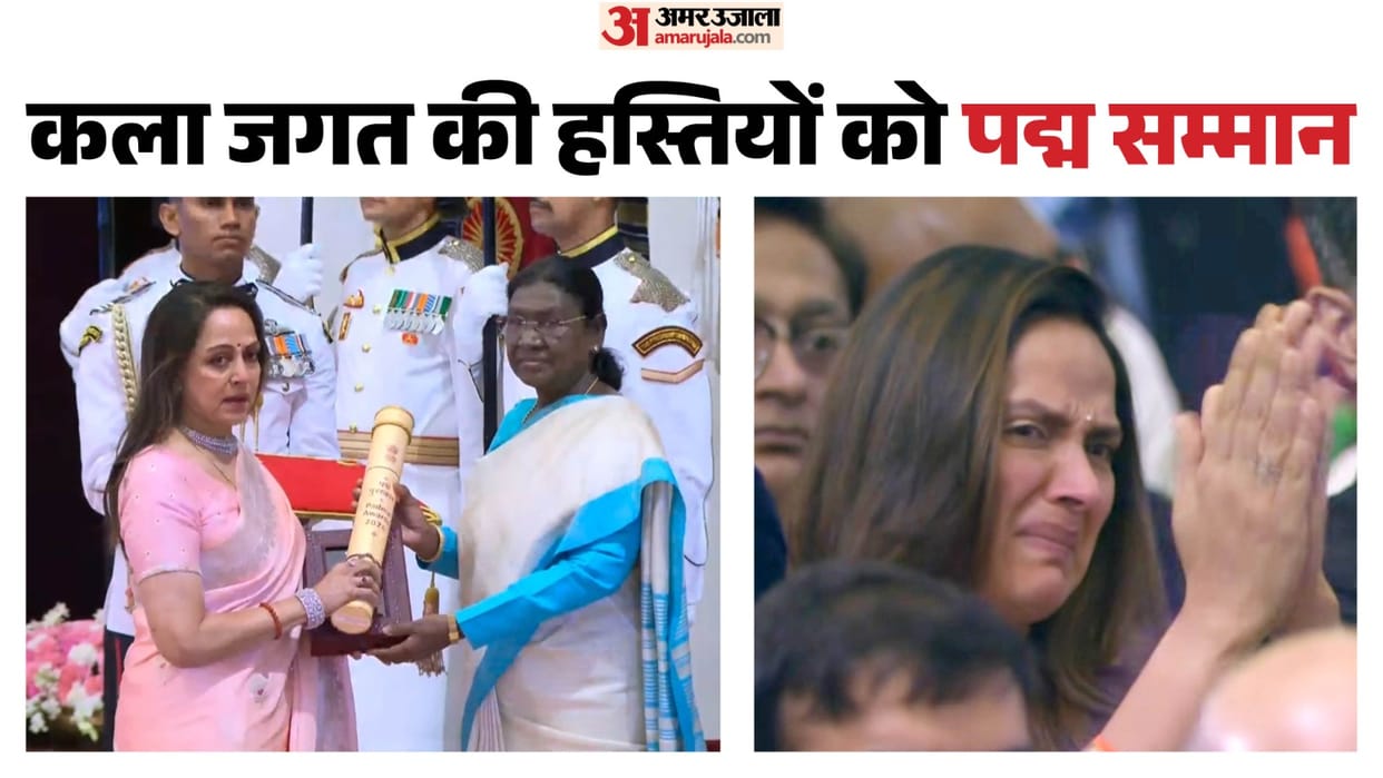 Padma awards 2026: President Droupadi Murmu presenting Padma Awards to Dharmendra Hema malini R Madhavan