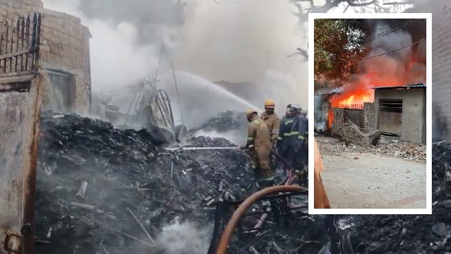 Kanpur Fire Massive Blaze Erupts at Scrap Warehouse Flames Also Flare Up at Plastic Factory