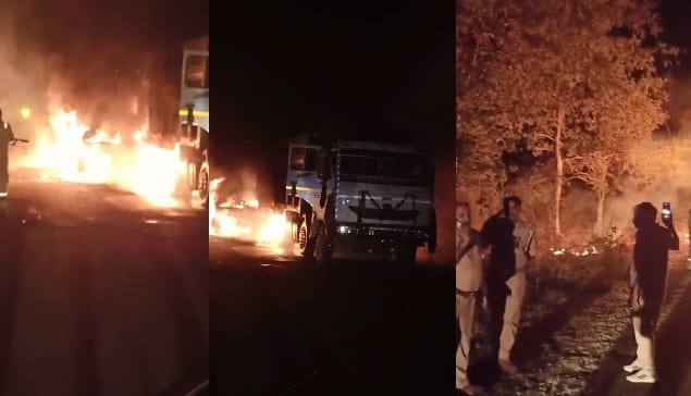 Hamirpur Second Dumper Crashes into Stationary Dumper from Behind Both Vehicles Catch Fire Driver Burnt Alive