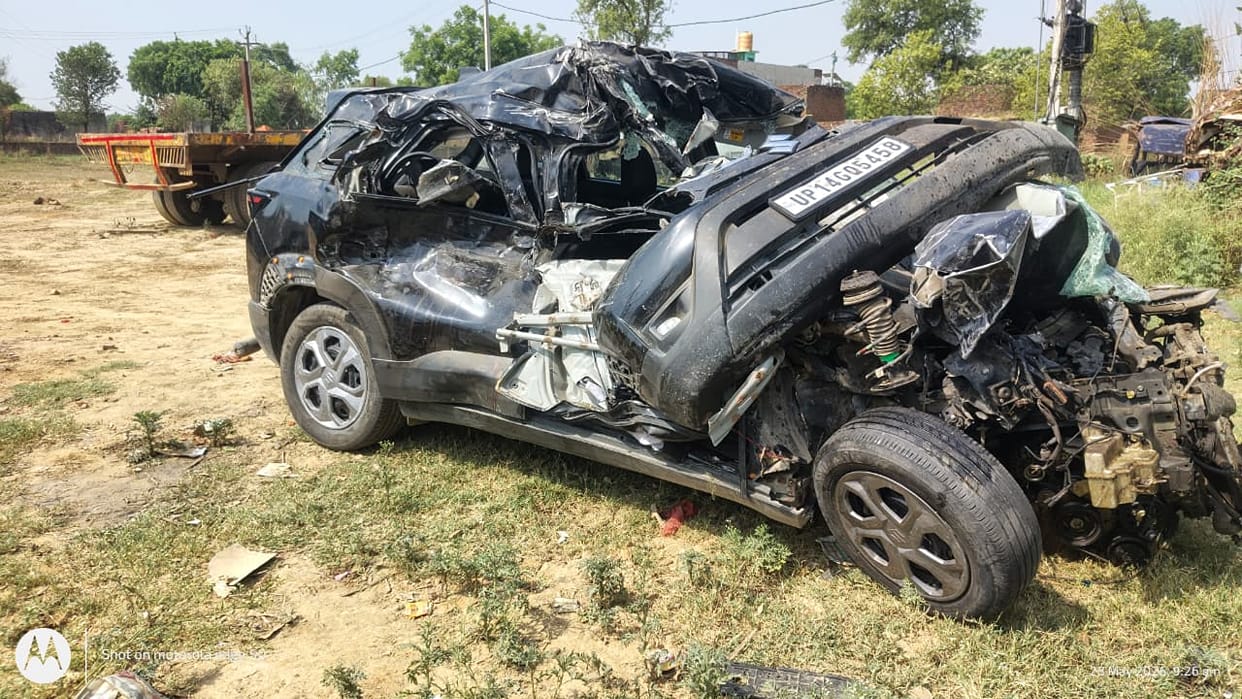 Three people died when a Brezza car lost control and overturned into a ditch in Bulandshahr