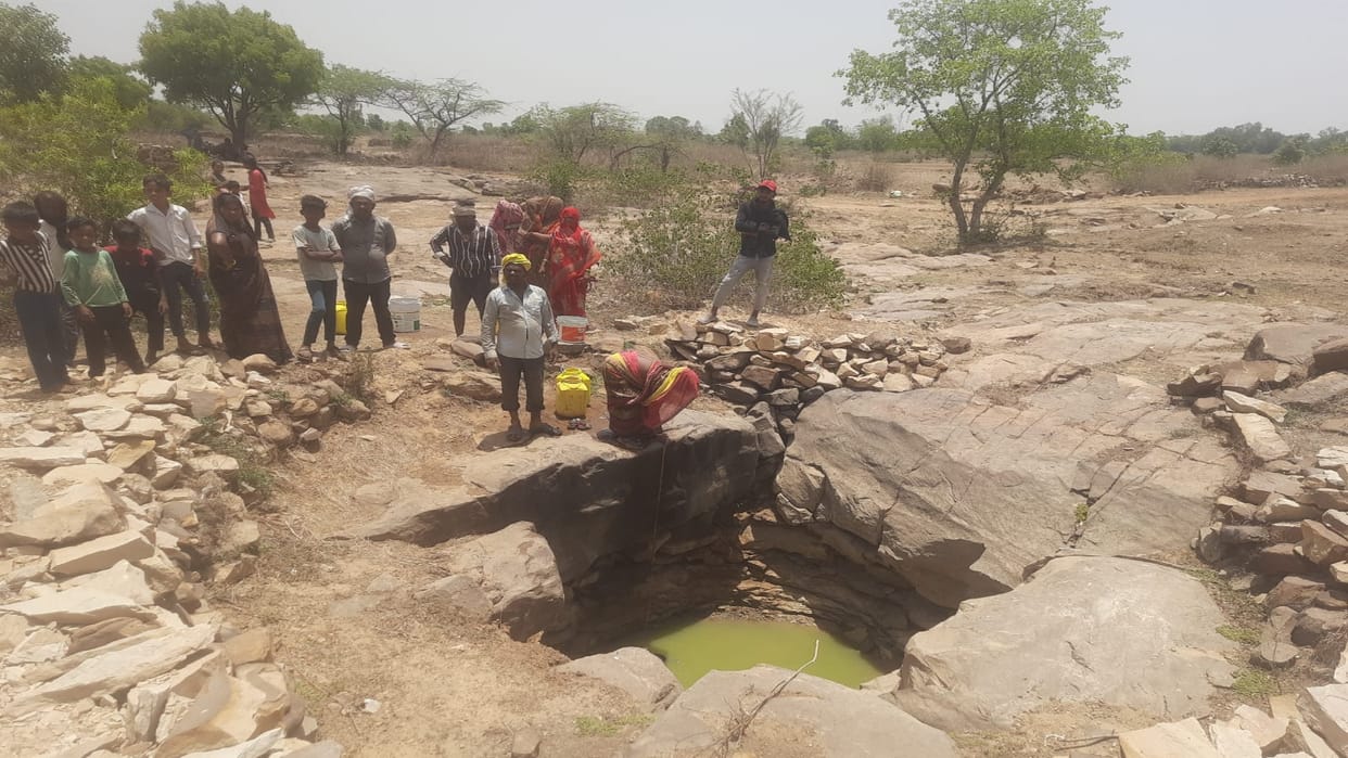 Shankargarh water crisis A water hole where both humans and dogs drink