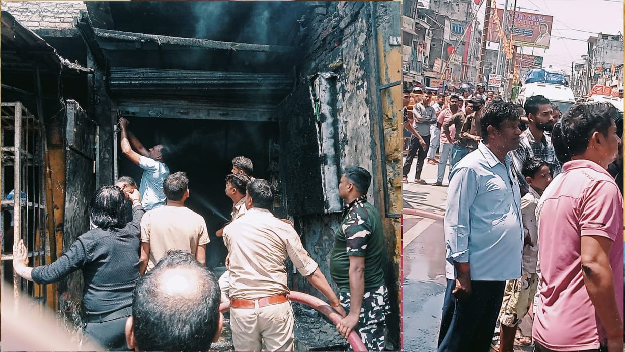 A fire broke out in a shop on the Maharajganj Nepal border, burning goods worth lakhs to ashes.