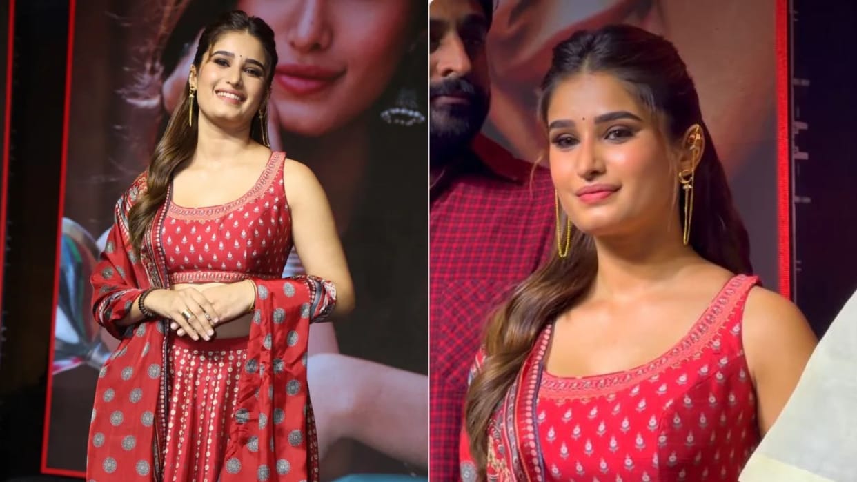 Rasha Thadani look in red dress goes viral from Srinivasa Mangapuram event