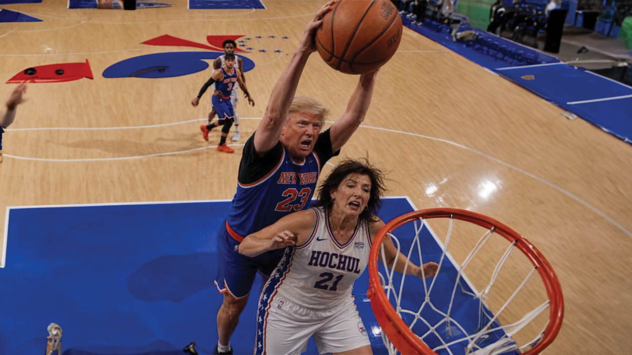 Trump shares AI graphic depicting basketball duel with New York Governor Kathy Hochul us hindi news