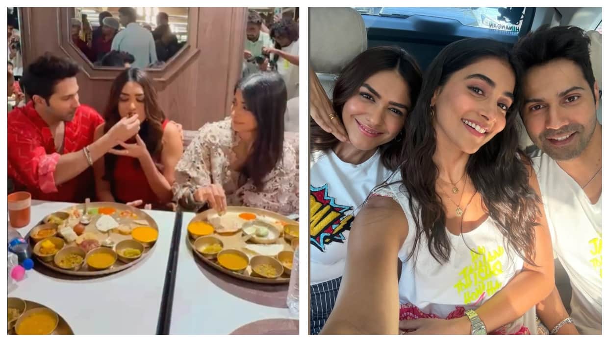 Varun Dhawan Mrunal Thakur Pooja Hegde enjoy delicious thali in Ahmedabad promote hai jawani to ishq hona hai