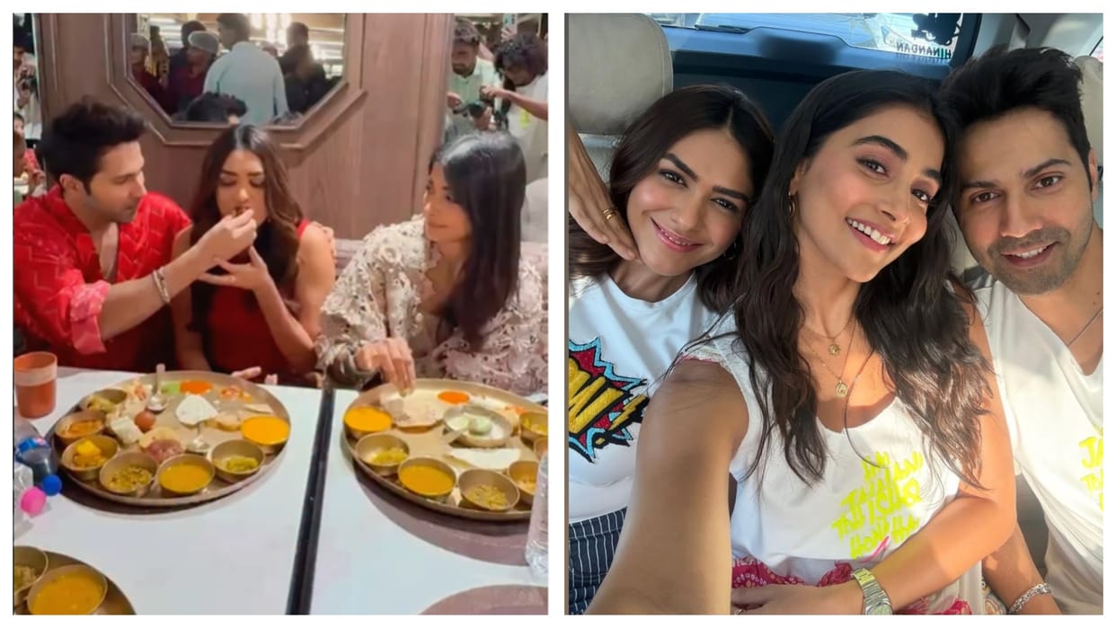 Varun Dhawan Mrunal Thakur Pooja Hegde enjoy delicious thali in Ahmedabad promote hai jawani to ishq hona hai