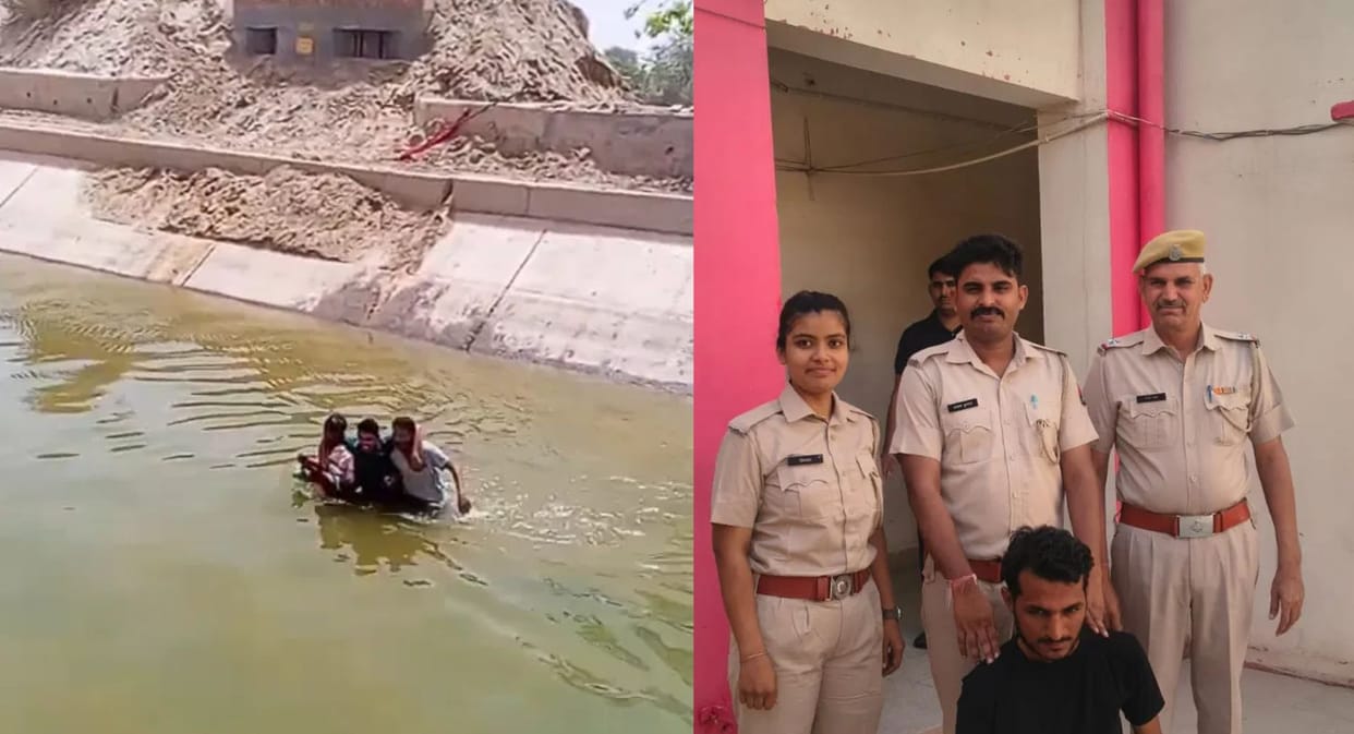 Singham-Style Action Thief Jumps into Canal to Escape; Brave Cops Dive In and Catch Him Mid-Water