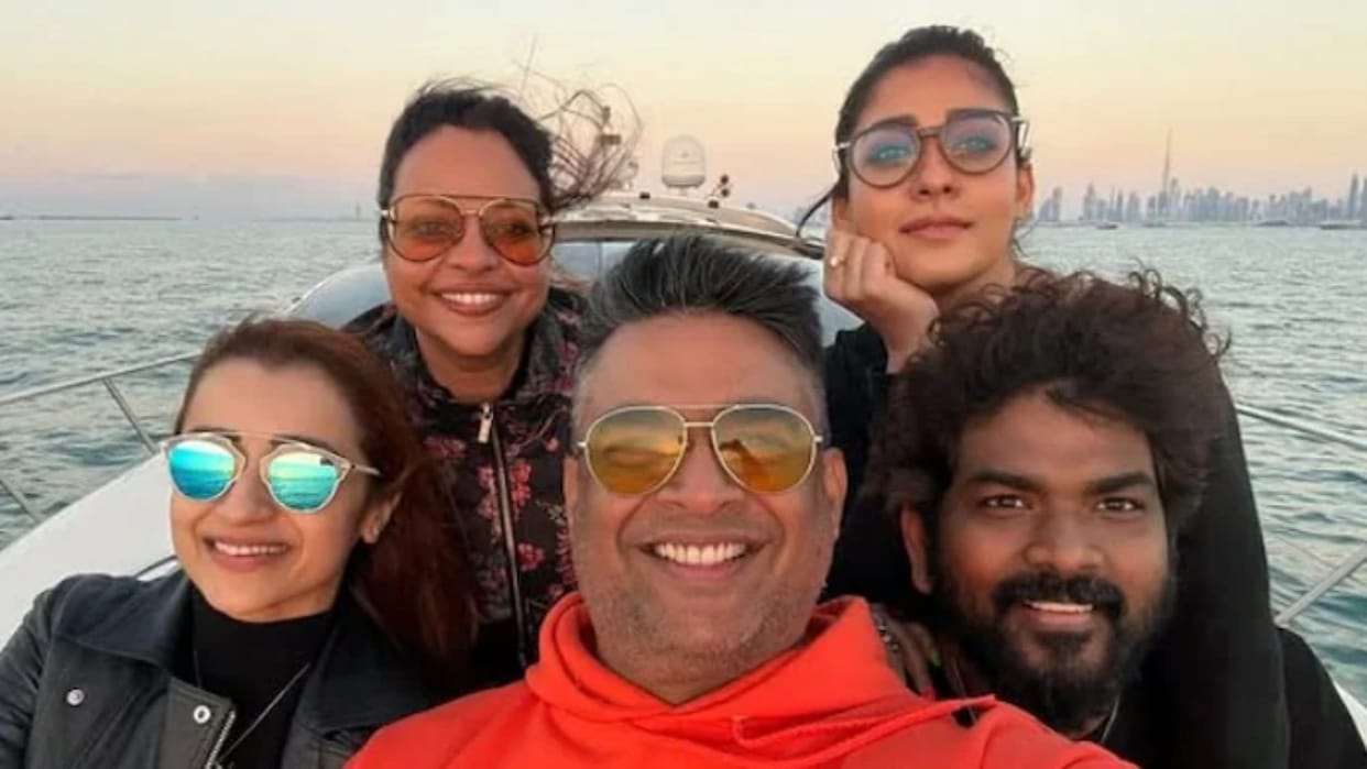 r madhvan birthday celebration featuring Nayanthara Trisha Krishnan on cruise photo shared by Vignesh Shivan