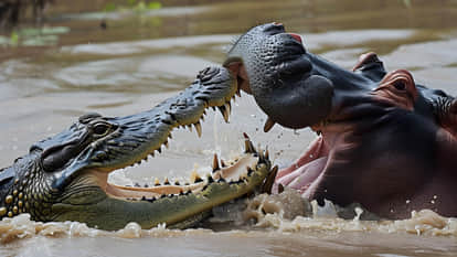 Fight broke out between crocodile and hippo video goes viral on social media