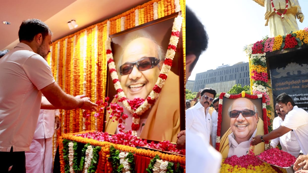 Tributes Paid on Karunanidhi 103rd Birth Anniversary Stalin and Rahul Gandhi Recall His Contributions