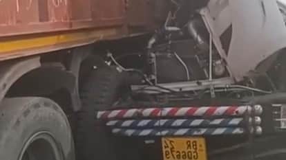 Violent Collision Between Two Trailers Front Section of One Severely Damaged in ghazipur