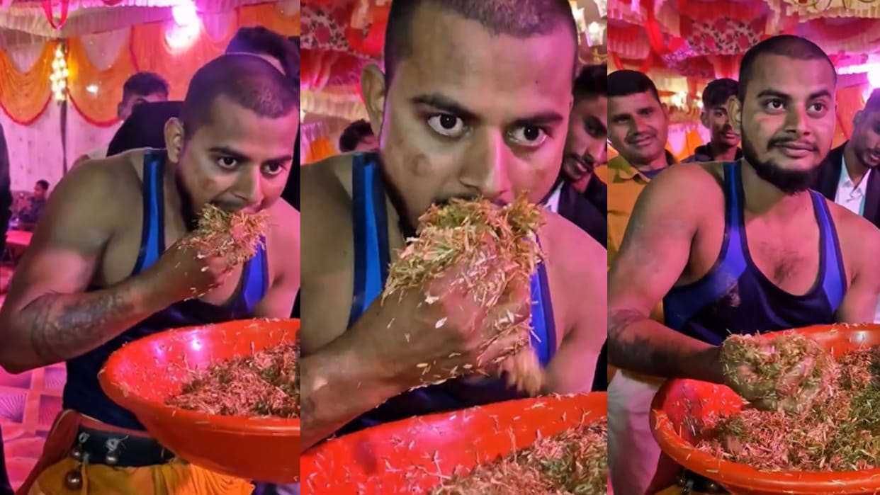 Man eating bhusa like a cow or buffalo video goes viral on social media