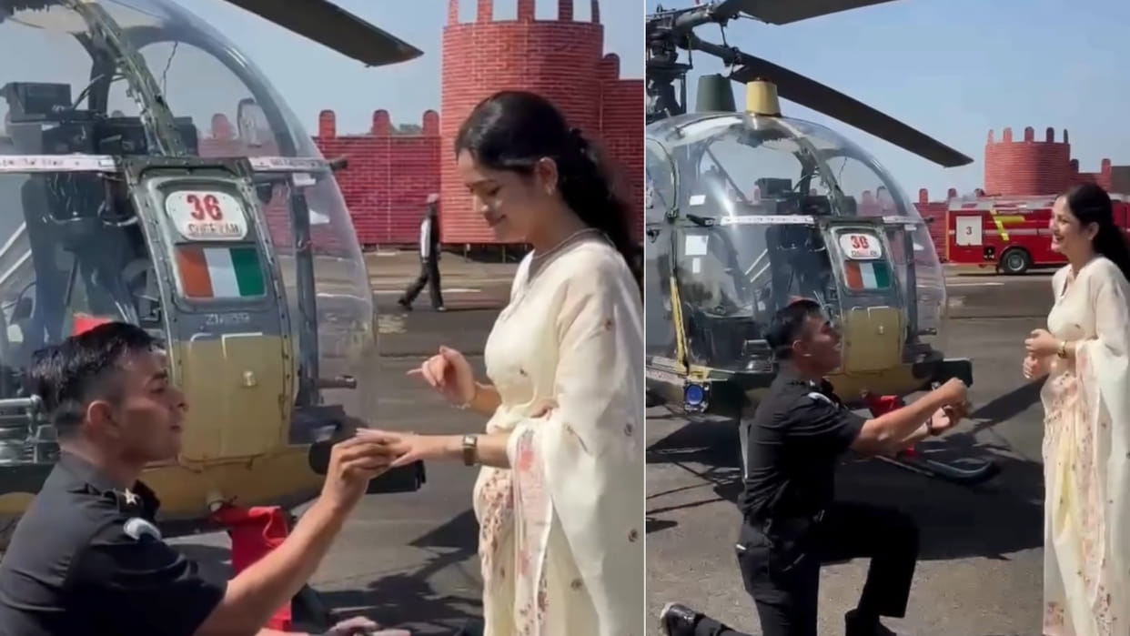 Army pilot proposes his girlfriend after graduation puts ring on finger in front of helicopter viral video