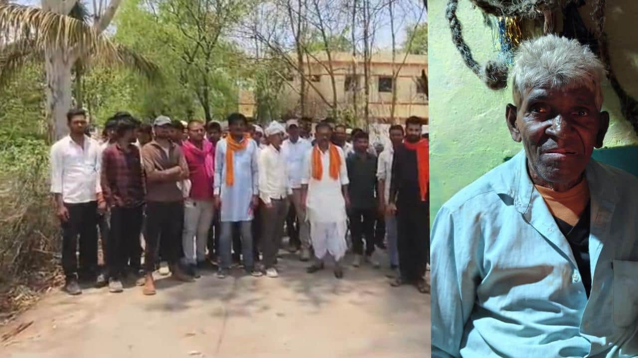 सड़क पर जाम लगाए ग्रामीण व मृतक धनीराम की फाइल फोटो।