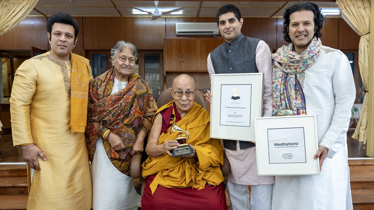 Dalai Lama receives Grammy award for audiobook Meditations at Dharamshala residence