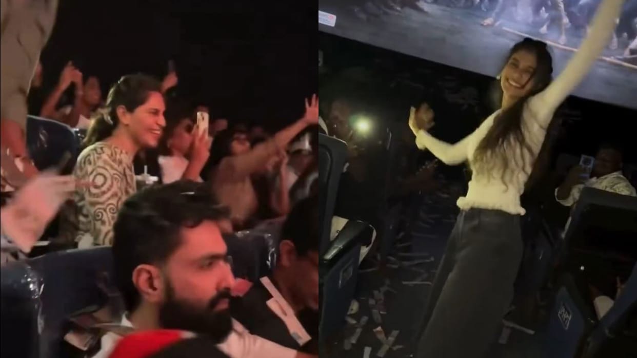 fans celebrate Peddi Screening Upasana Kamineni Konidela showers confetti at Ram Charan entry