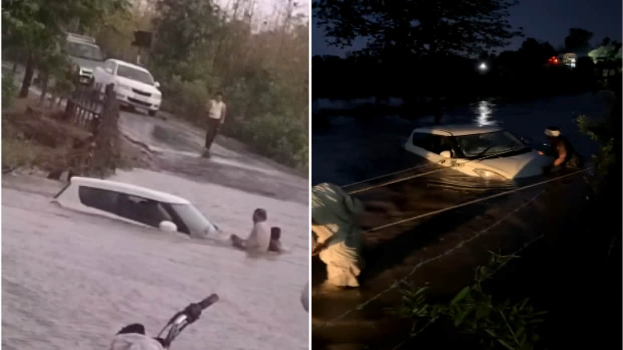 MP News Heavy Rains Cause Swift Car Trapped in Water Four Rescued in Dewas District
