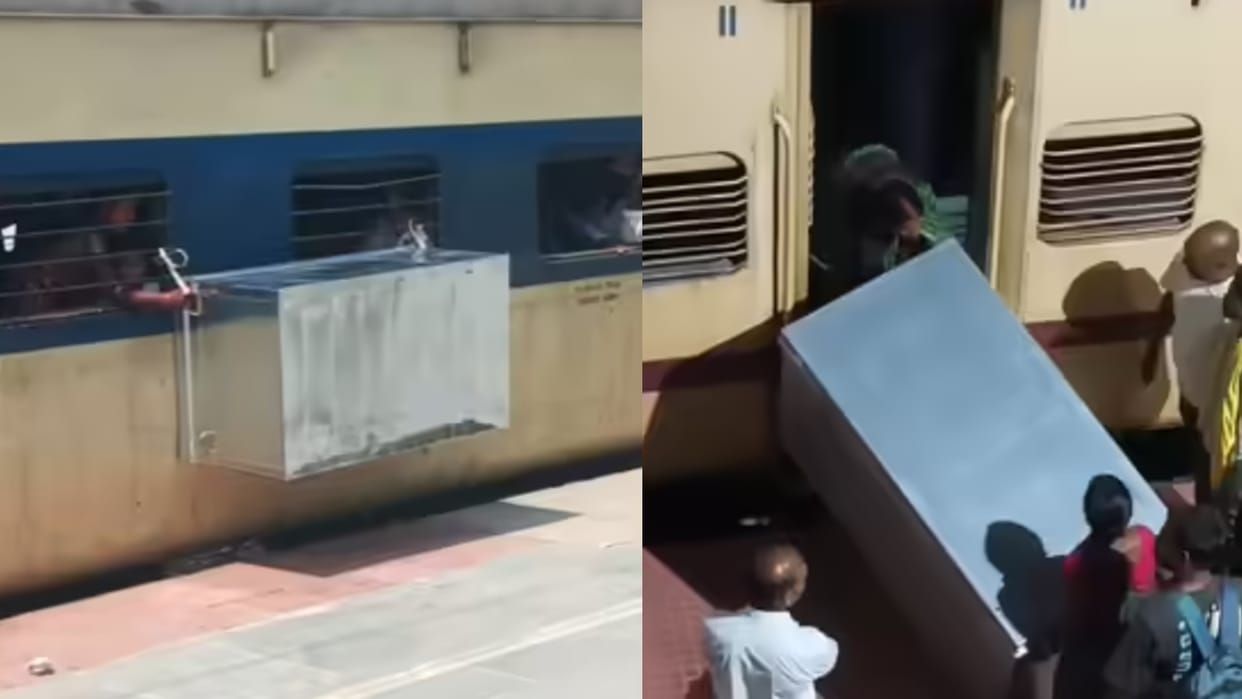 Huge Metal Trunk Hanging From Train Window Indian Railways Vial Video