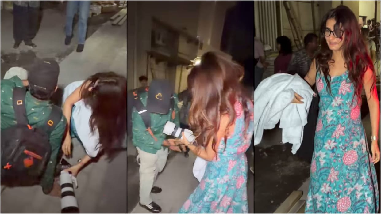 Cameraman falls in the middle of road with his camera actress Fatima Sana Shaikh helps him video goes viral
