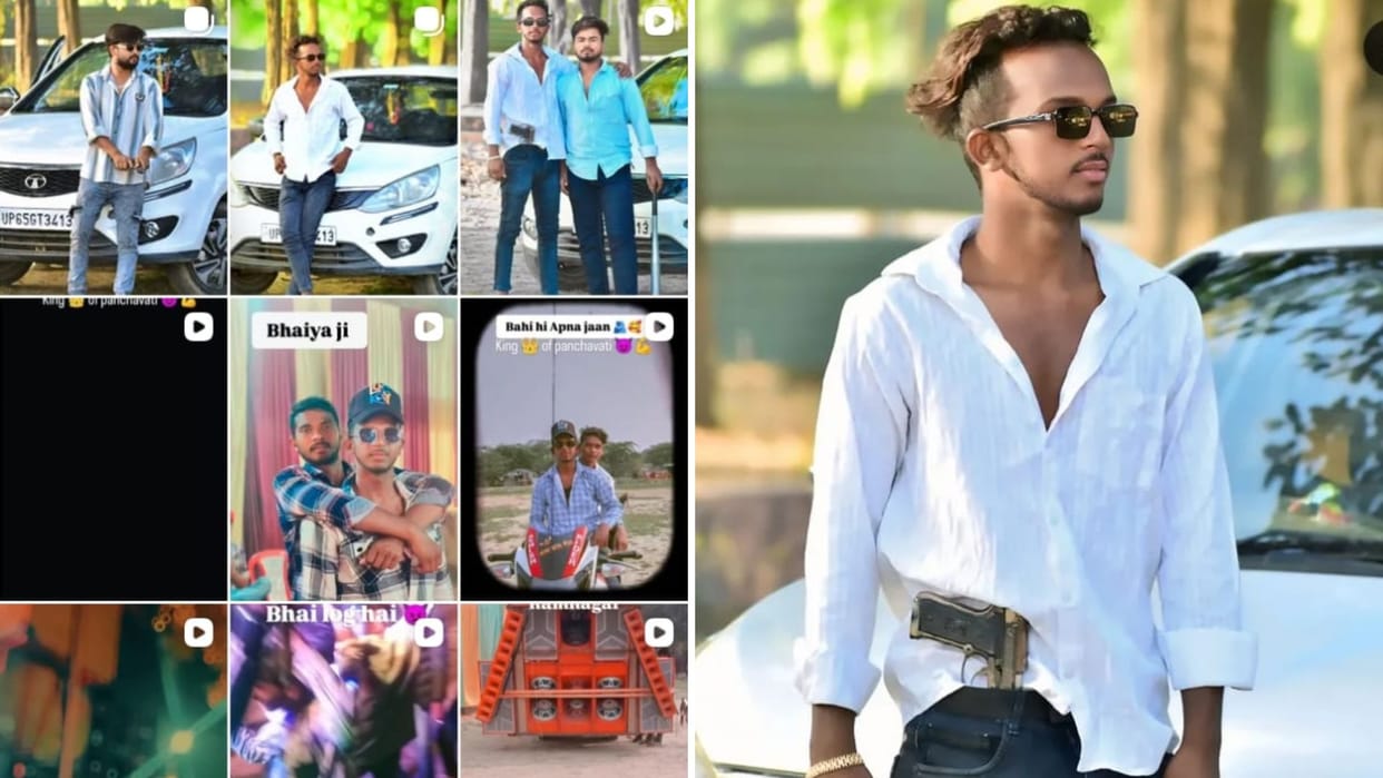 Pistol tucked waist baseball bat hand Bhojpuri song playing background young man photo gone viral social media