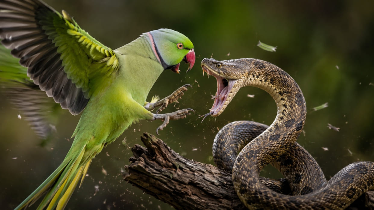 Snake entered the cage and bit the parrot neck video goes viral on social media