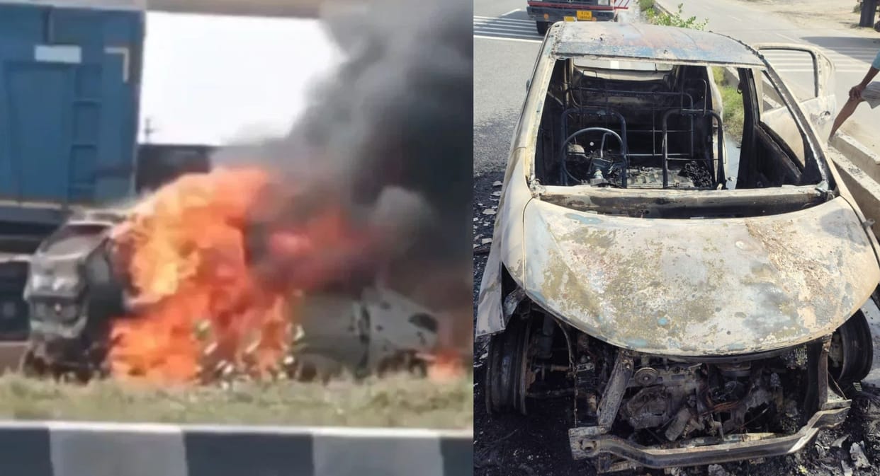 Moving Car Turns into Fireball 3 Leap to Safety as Vehicle Burns to Ashes