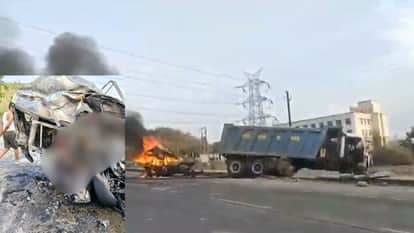 Horrific accident in Jabalpur: Scorpio trapped between two dumpers catches fire two burnt alive