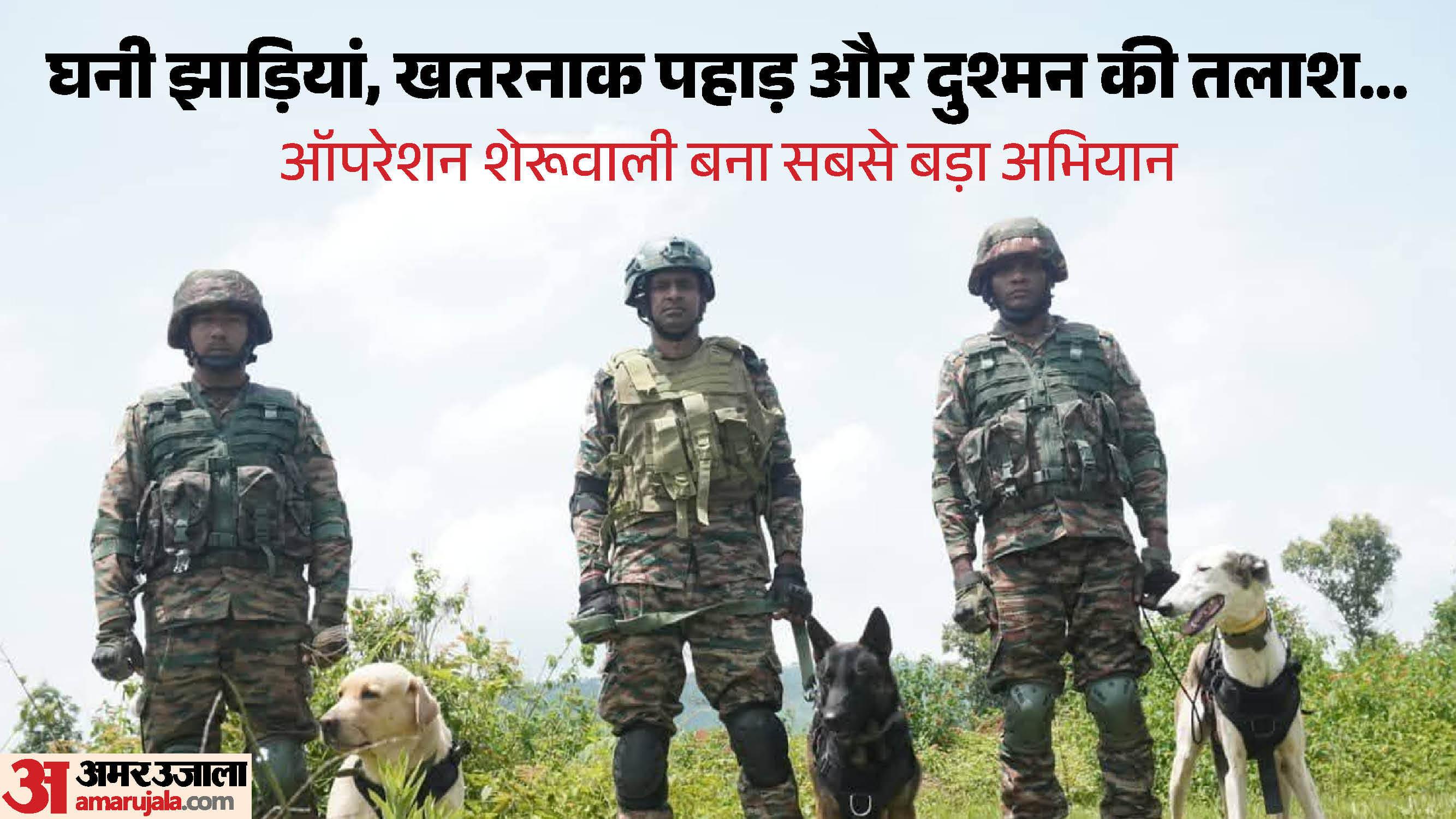 डोरिमल में खोजी कुत्तों की मदद से सर्च ऑपरेशन चलाते सुरक्षाबल।