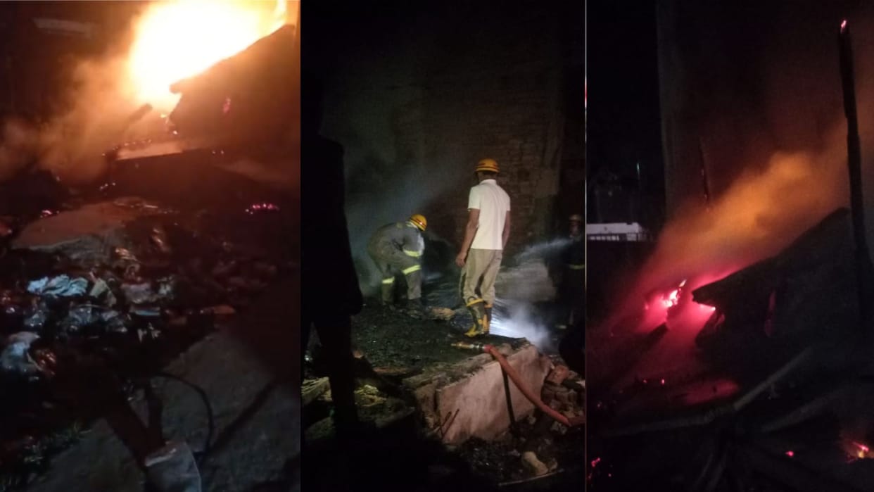 fire breaks out in two shops one selling footwear and other cosmetics due to short circuit in ballia