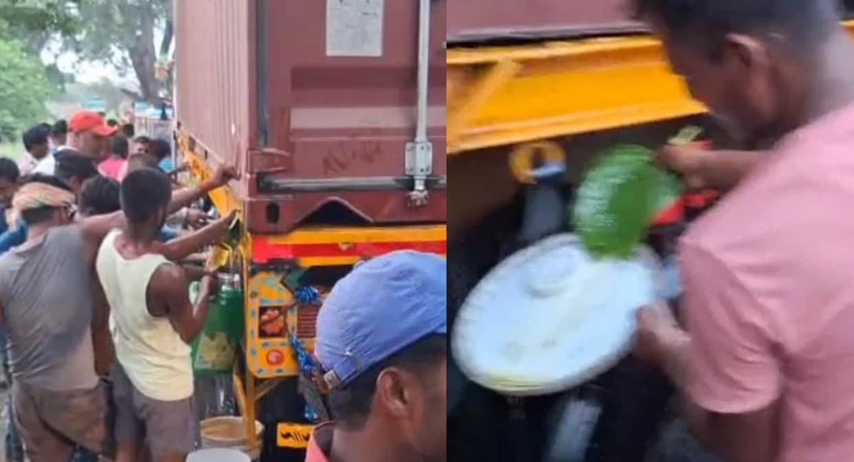 'Free Oil' on Street Crowds Rush with Bottles and Containers as Oil Tanker Leaks in Bihar
