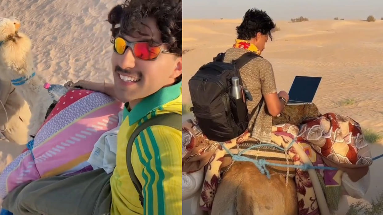 Sahara desert man was spotted working on his laptop sitting on the back of a camel video goes viral