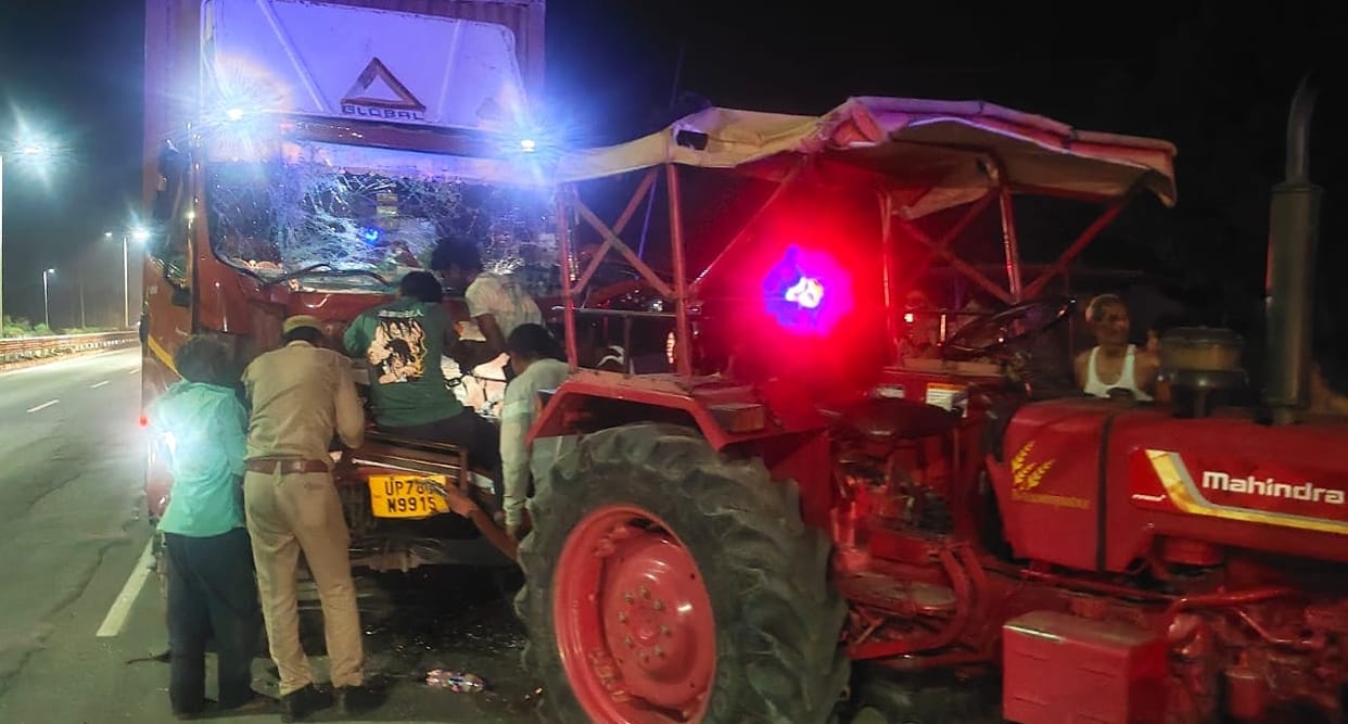 Auraiya accident occurs after driver dozes off on highway parcel container rams into dumper three injured