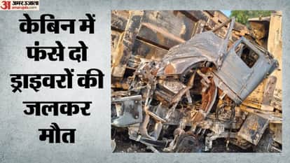 Two truck drivers burned to death; massive fire breaks out following a head-on collision between trucks.