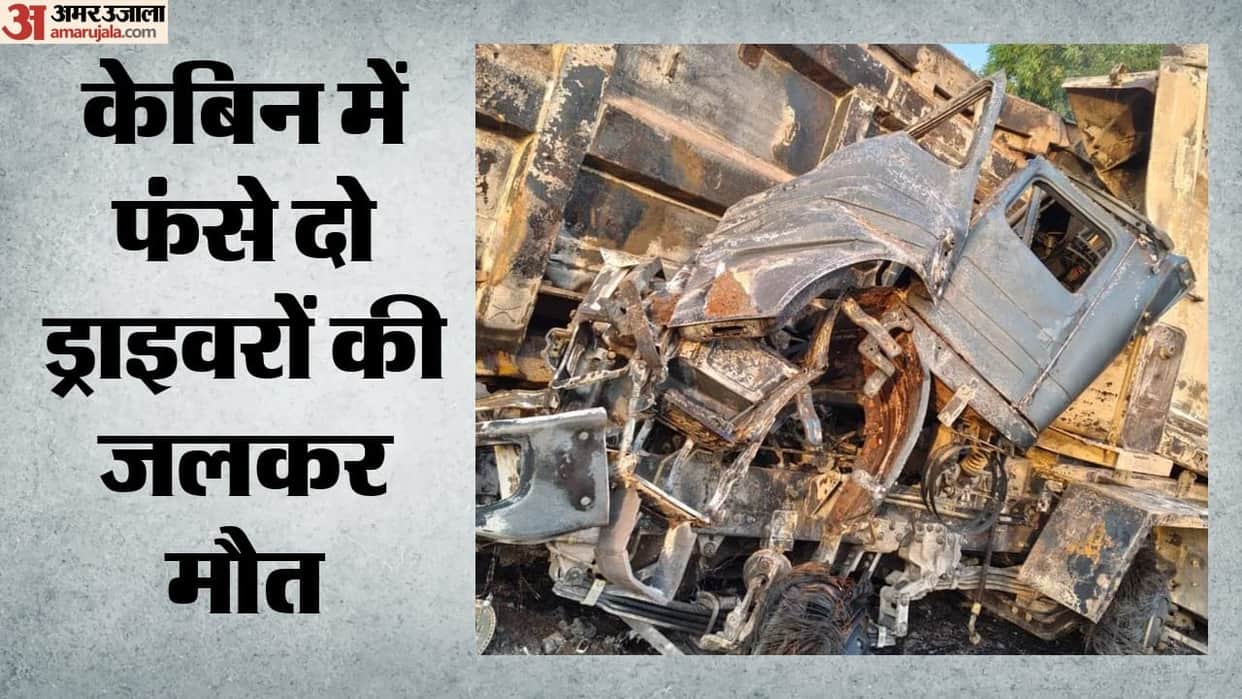 Two truck drivers burned to death; massive fire breaks out following a head-on collision between trucks.