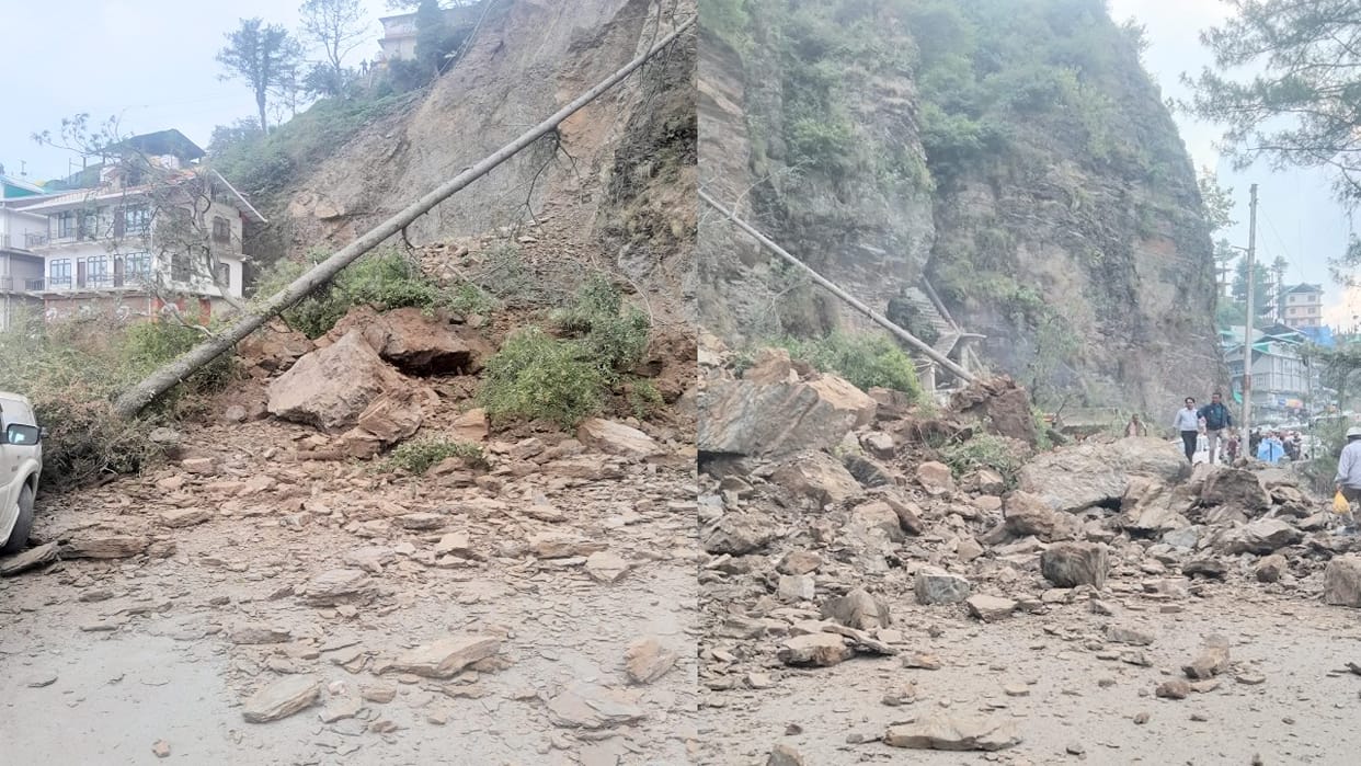 Shimla landslide: Hillside collapses on the Dhalli-Sanjauli bypass; large quantities of debris and rocks spill
