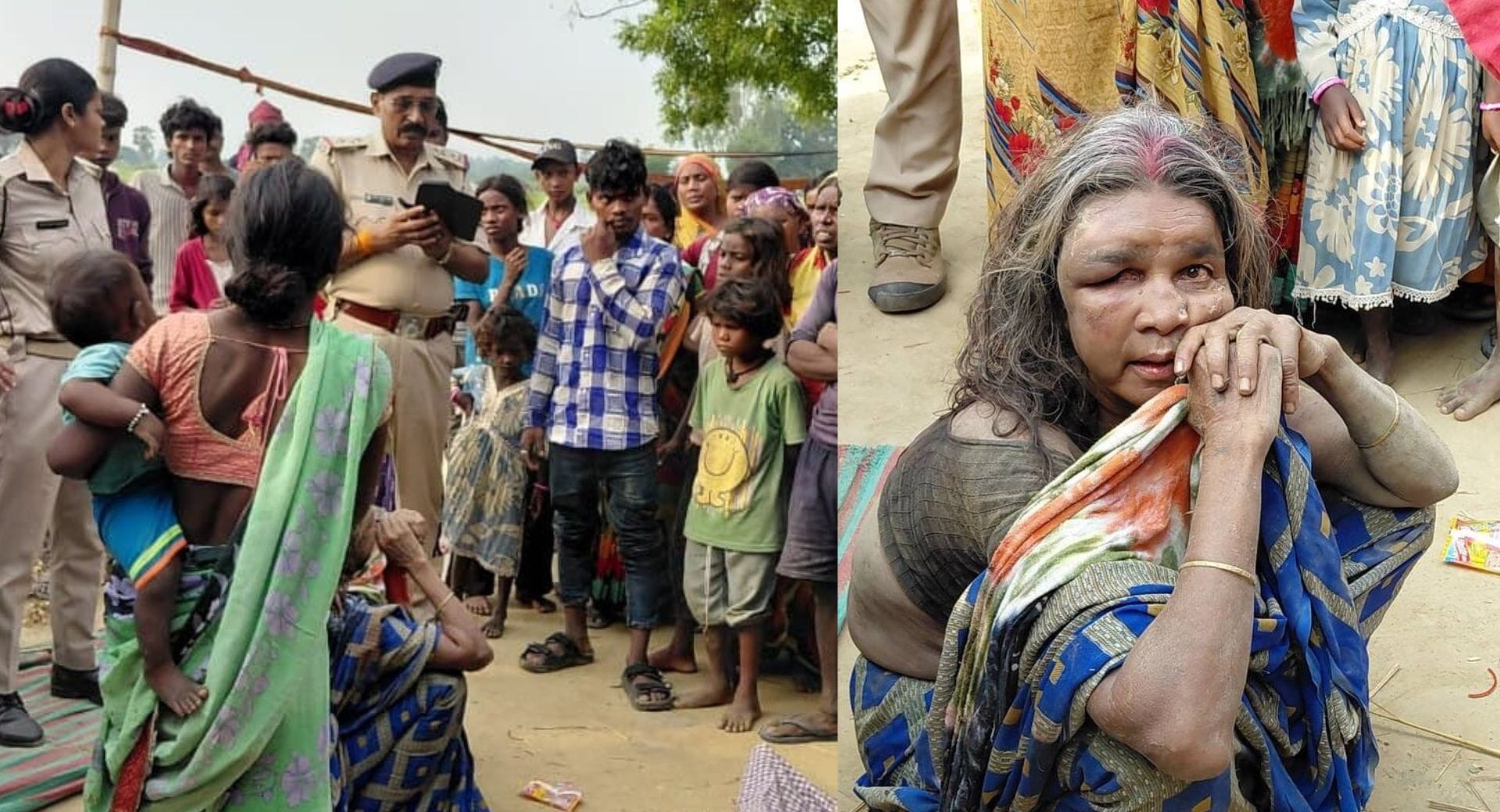 घटना के बाद मौजूद ग्रामीणों की भीड़ व पुलिस हिरासत में महिला