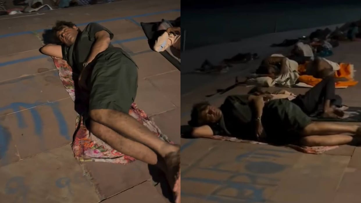 Actor comedian Sunil Grover sleeps on the road near a riverbank amidst many devotees