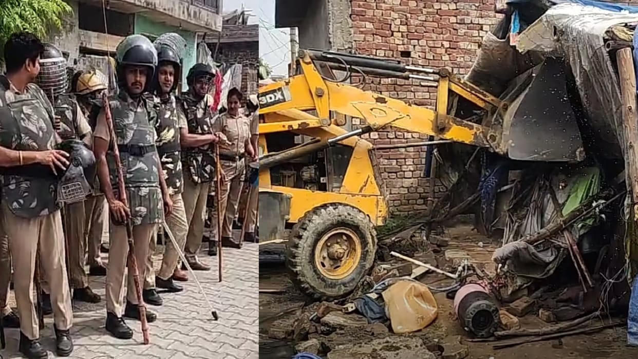 Bulldozer rolls into Deha Basti in Yamunanagar after a police team is pelted with stones