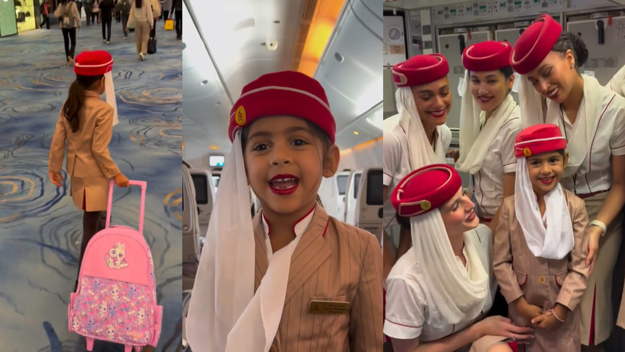 5 year old girl works as emirates cabin crew flight dressed as an air hostess video goes viral