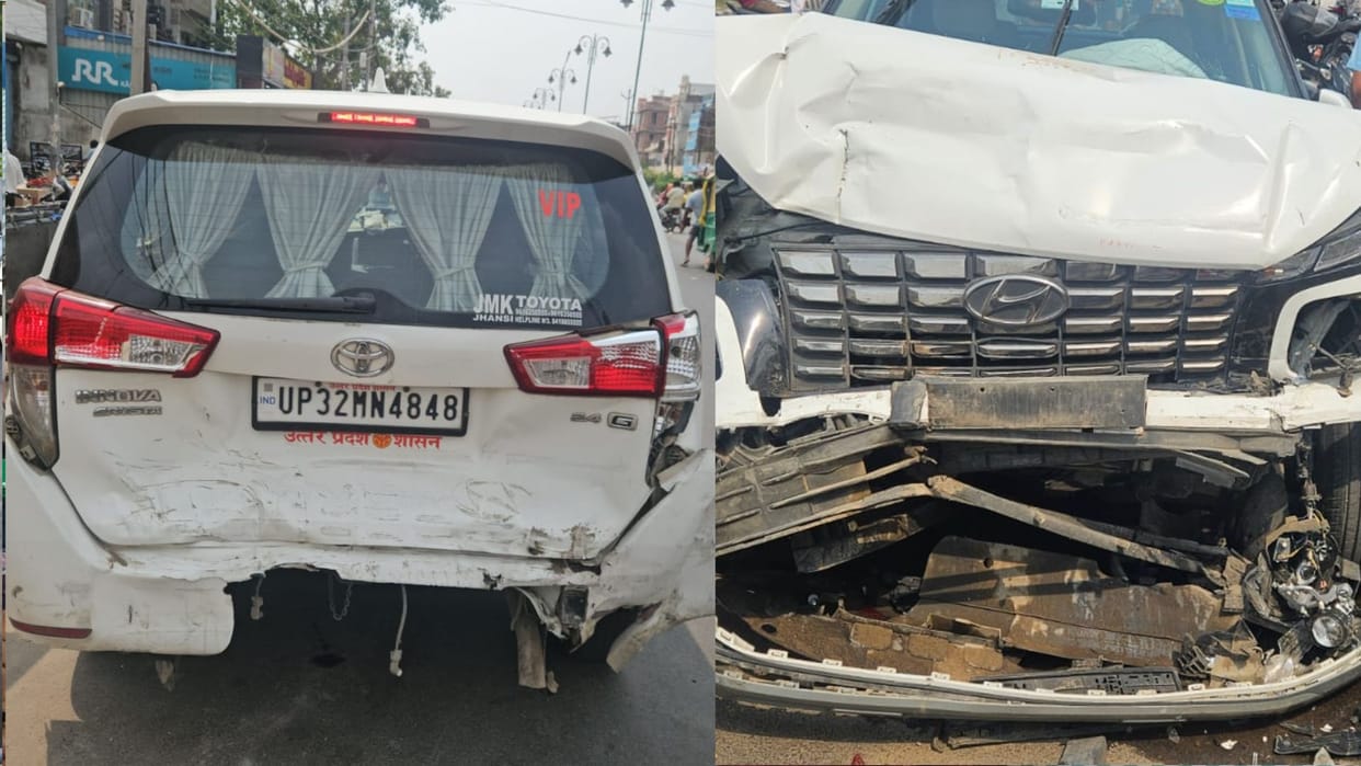 In Gorakhpur, a vehicle rear-ended a Minister of State's car; a woman seated in the rear vehicle was injured.