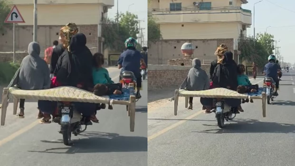 Pakistan Viral Video Man Drives Bike With Charpai Family Dangerous Jugaad