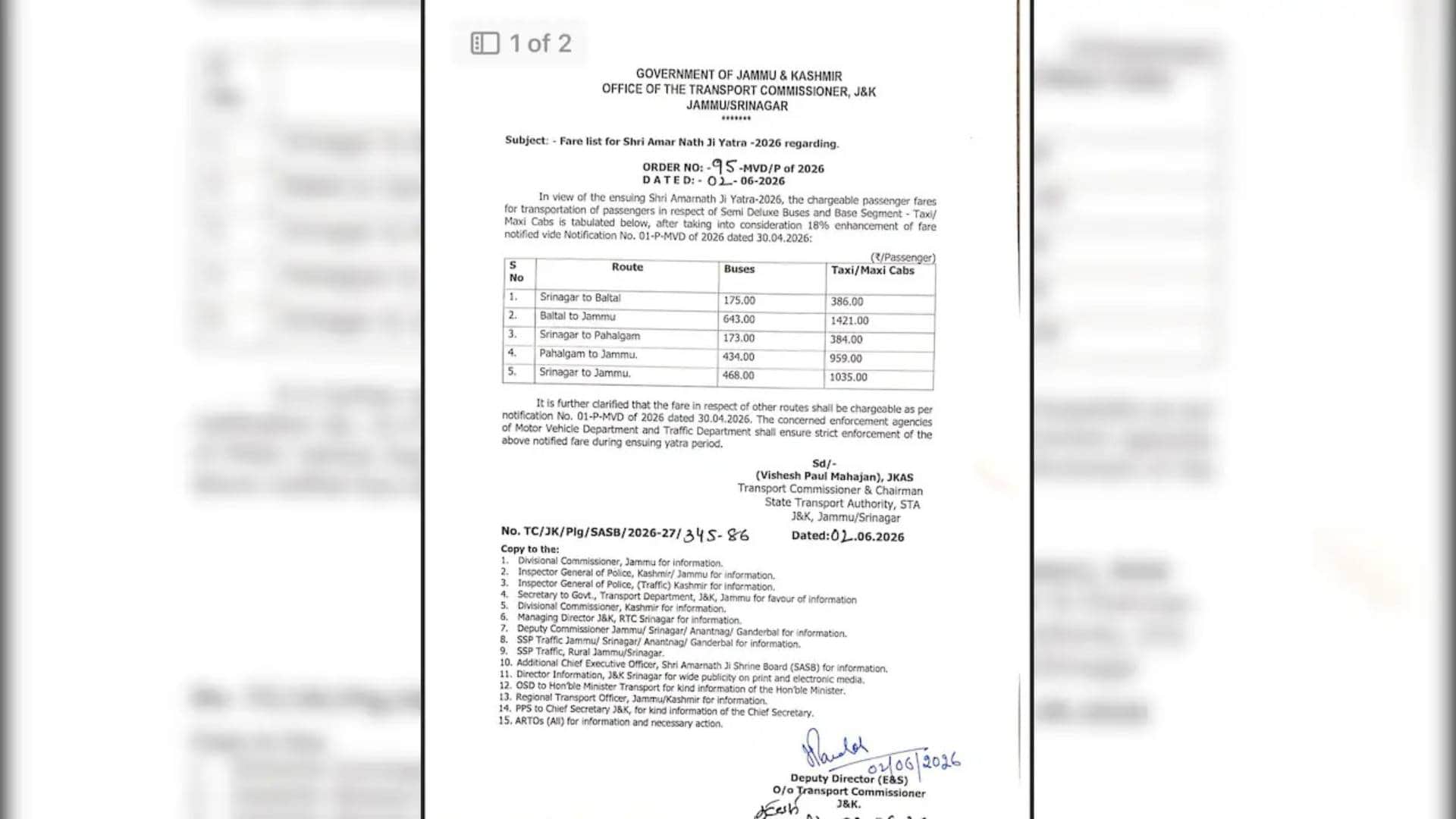 Amarnath Yatra taxi cab auto and bus fare list release from govt